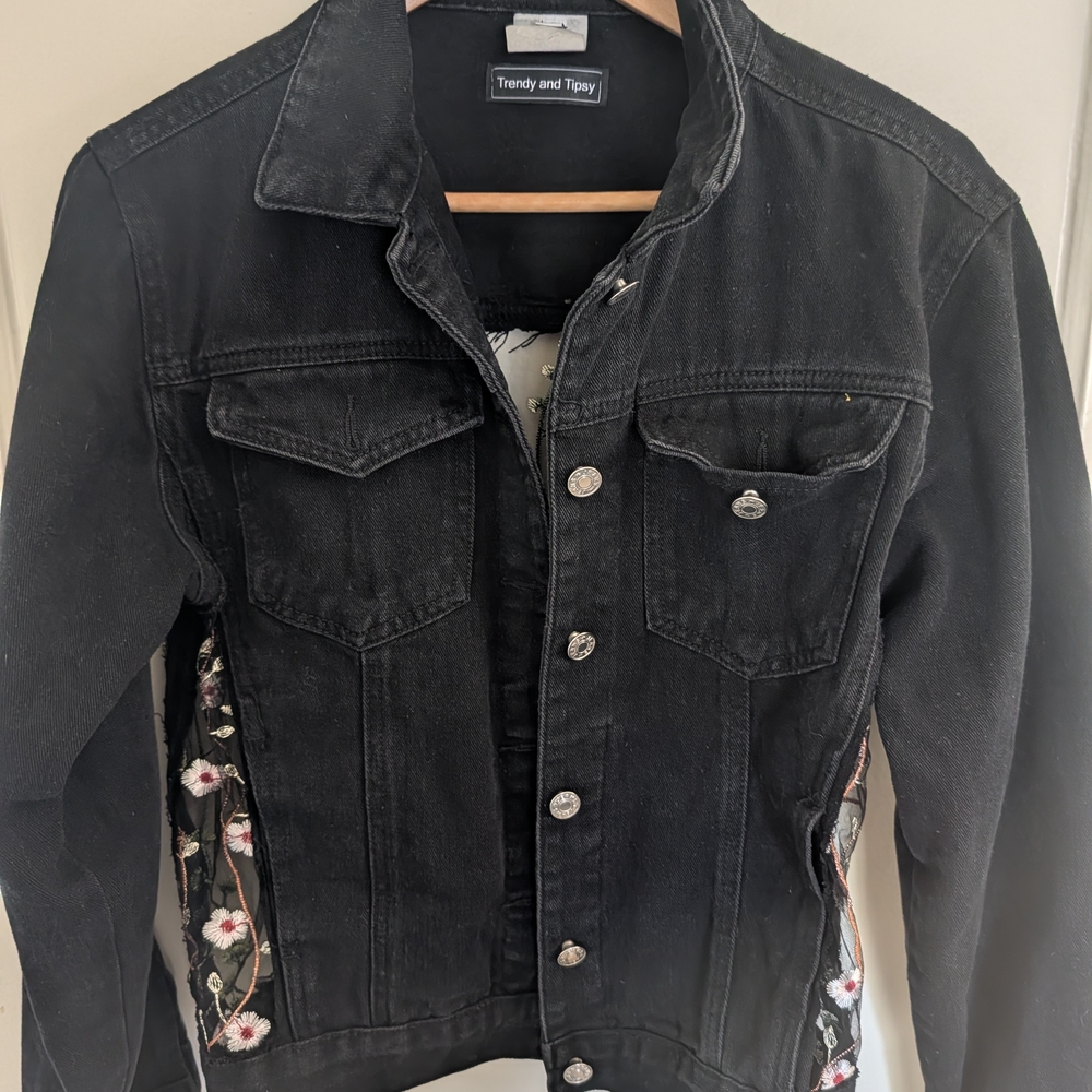 Trendy And Tipsy Vintage Mesh Embroidery Black Denim Jacket